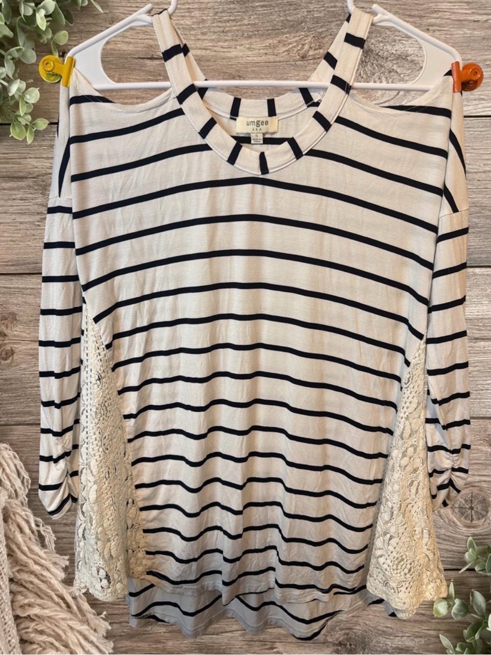 Umgee Black and White Striped Cold-Shoulder Top with Crochet Side Panels